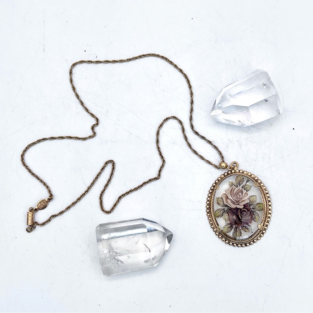 Vintage Glass Rose Cameo Gold Tone Necklace